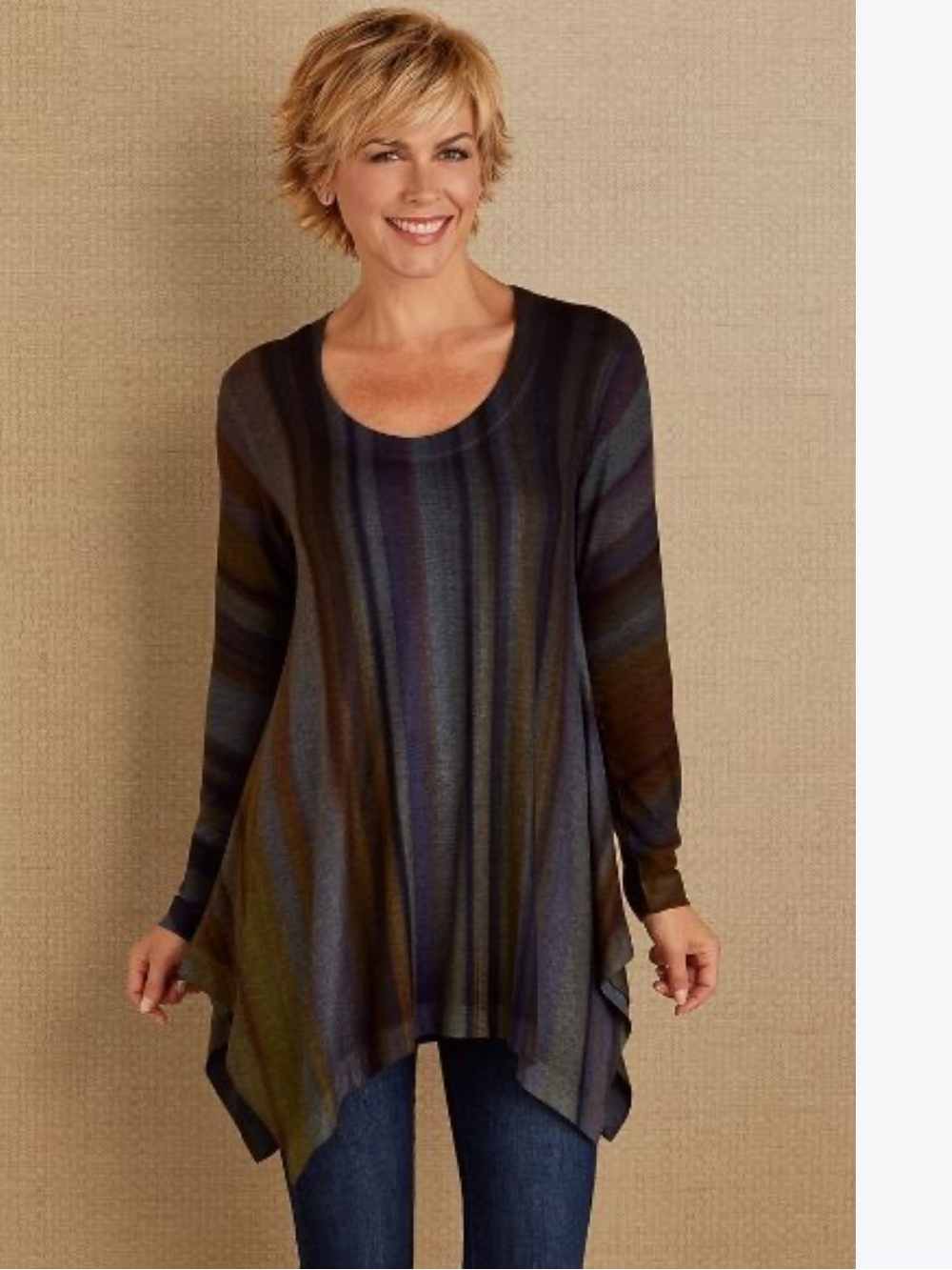 Soft Surroundings Esha Stripe, Shark Bite Hem, Tunic Top in Multi Color, Size M